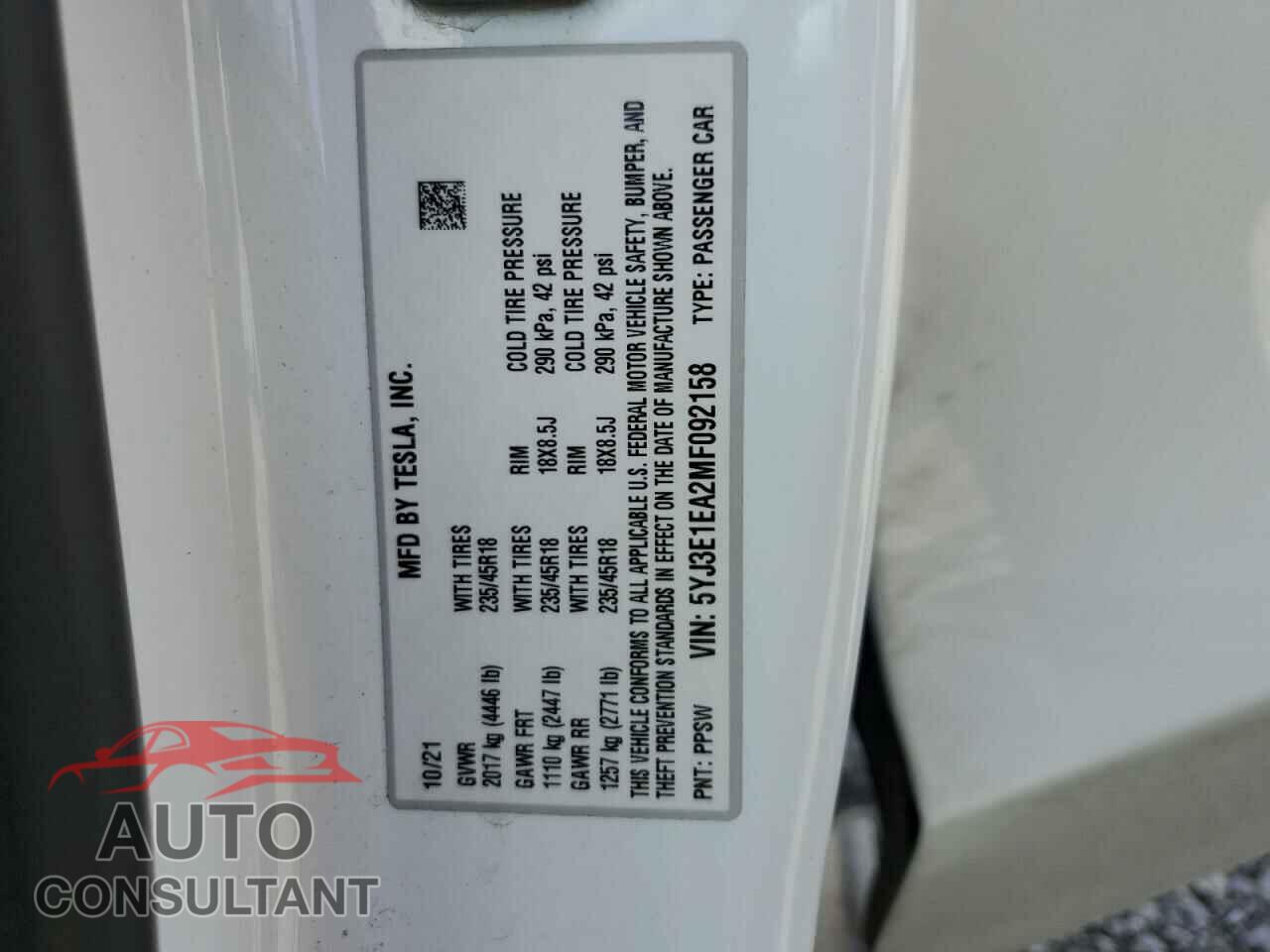 TESLA MODEL 3 2021 - 5YJ3E1EA2MF092158
