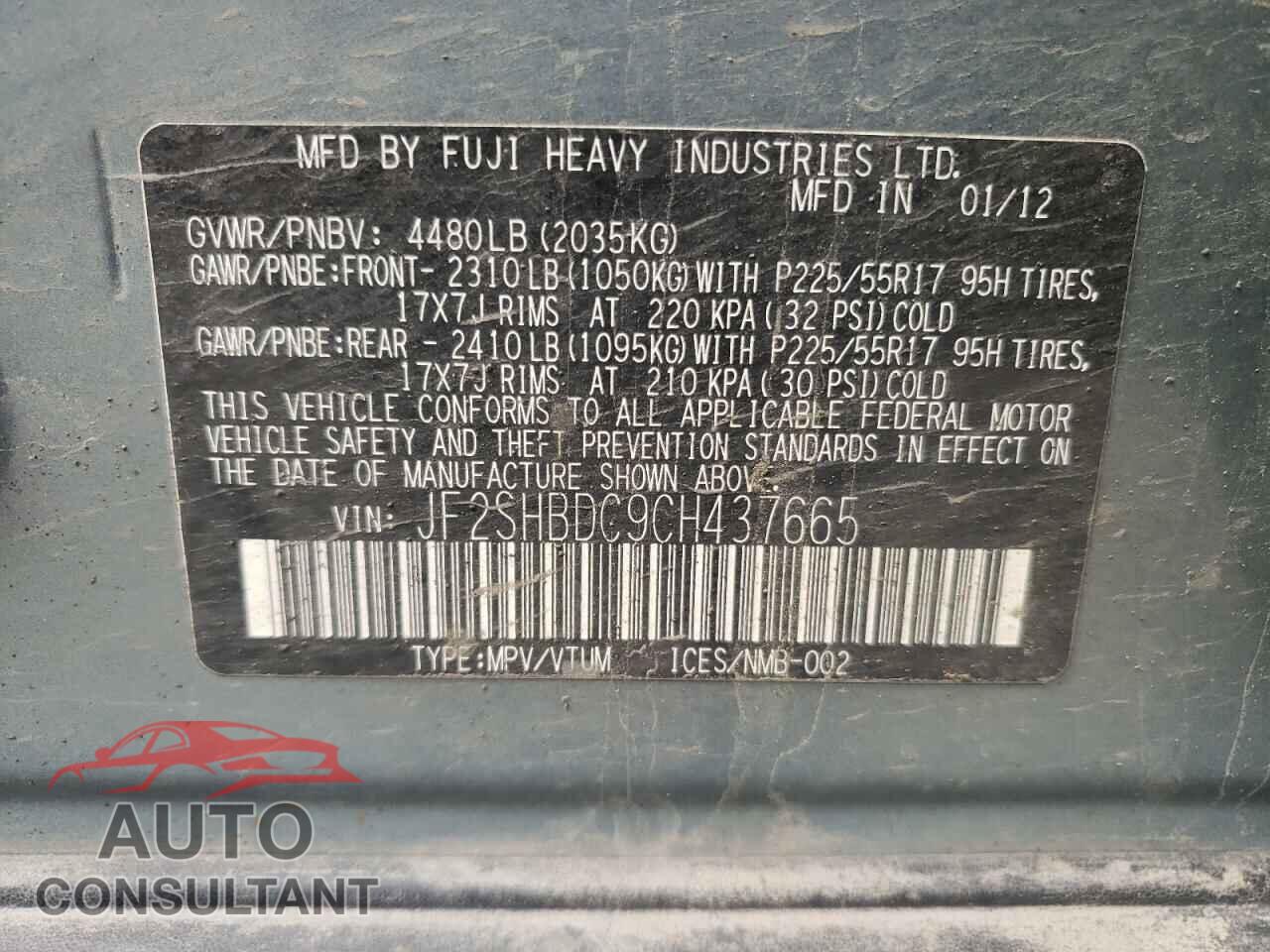 SUBARU FORESTER 2012 - JF2SHBDC9CH437665