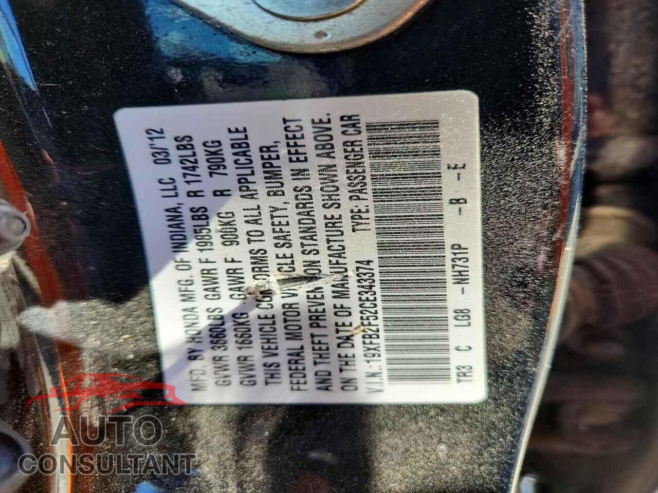 HONDA CIVIC 2012 - 19XFB2F52CE343374