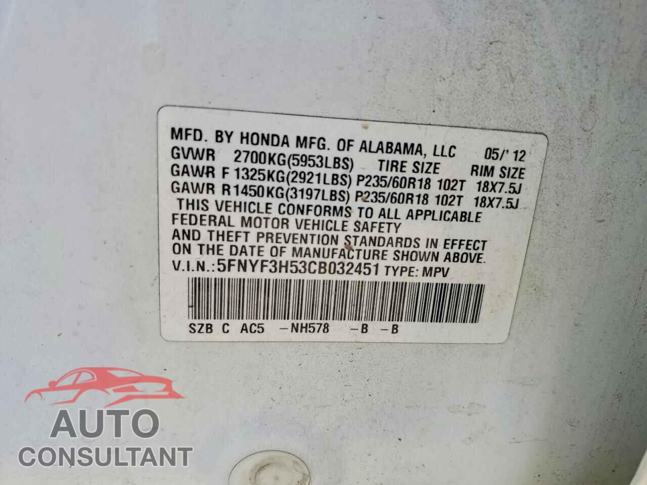 HONDA PILOT 2012 - 5FNYF3H53CB032451