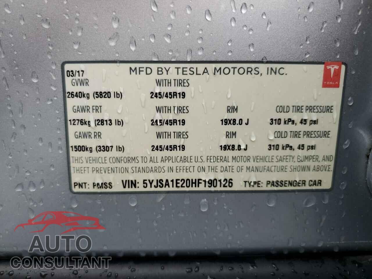 TESLA MODEL S 2017 - 5YJSA1E20HF190126