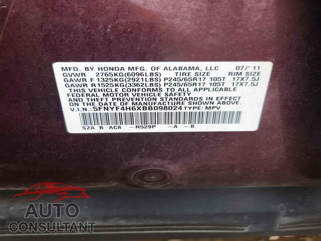 HONDA PILOT 2011 - 5FNYF4H6XBB098024