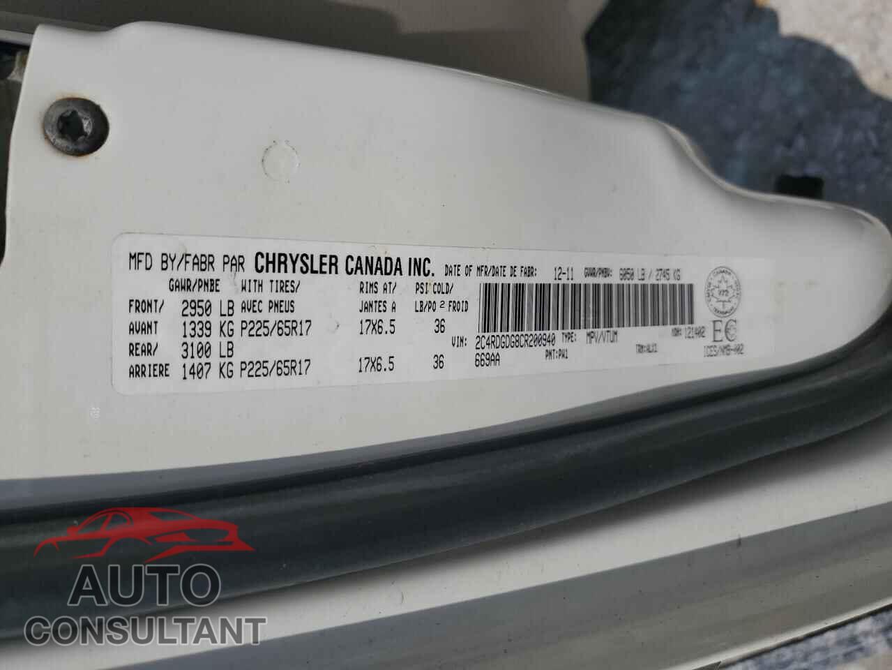 DODGE CARAVAN 2012 - 2C4RDGDG8CR200940