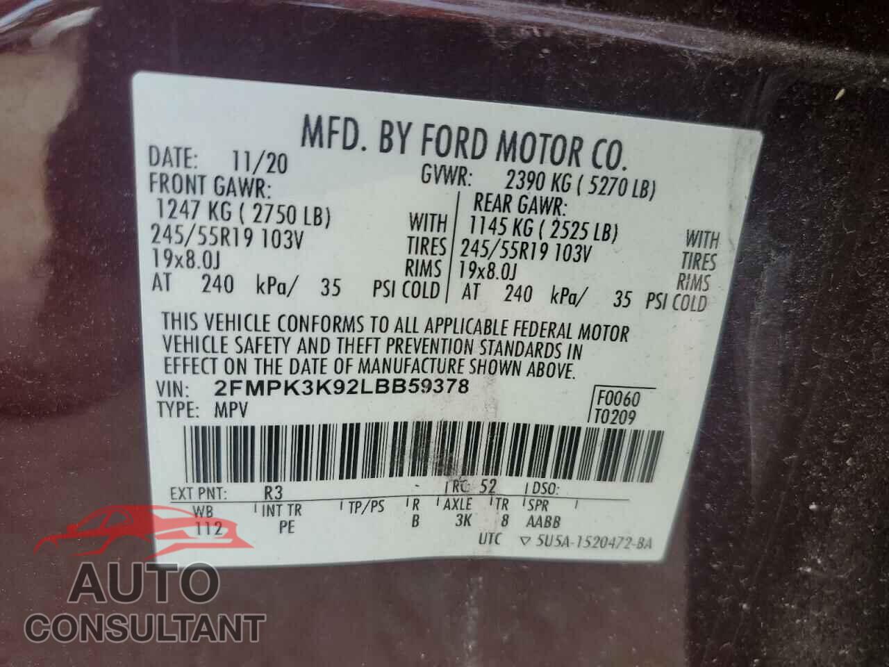 FORD EDGE 2020 - 2FMPK3K92LBB59378