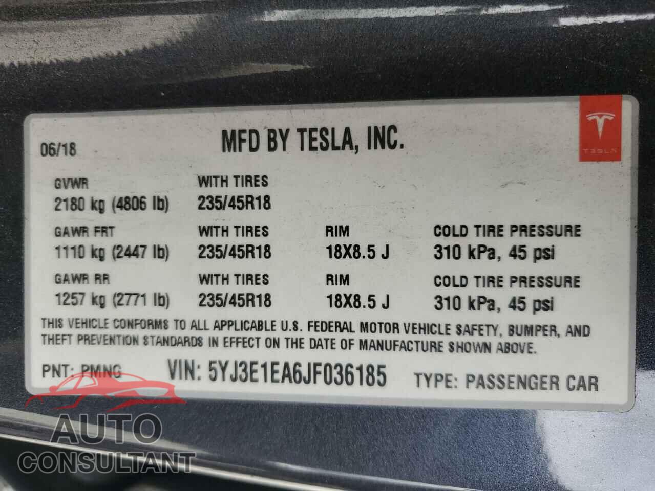 TESLA MODEL 3 2018 - 5YJ3E1EA6JF036185