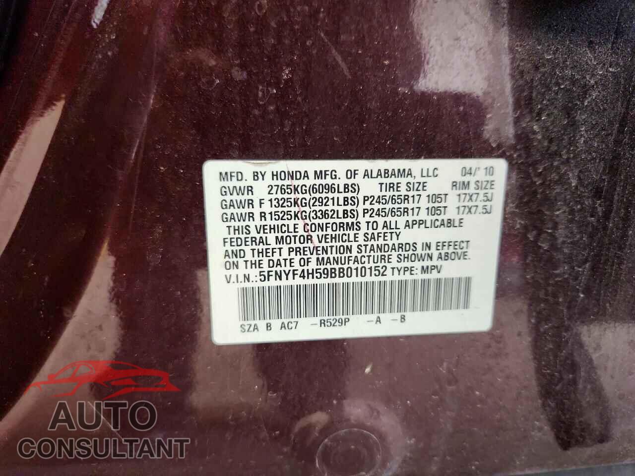 HONDA PILOT 2011 - 5FNYF4H59BB010152
