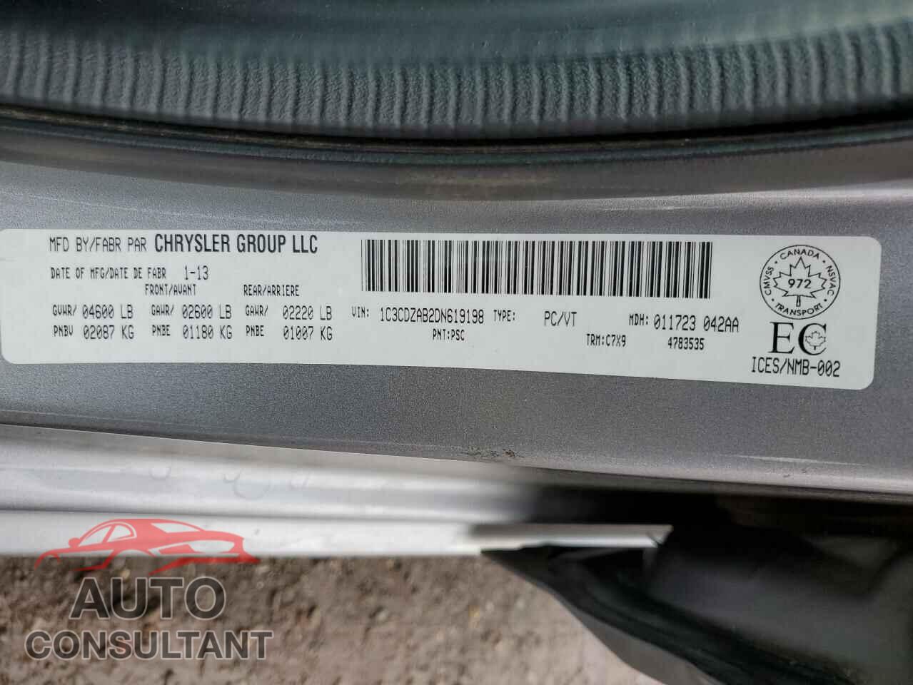 DODGE AVENGER 2013 - 1C3CDZAB2DN619198