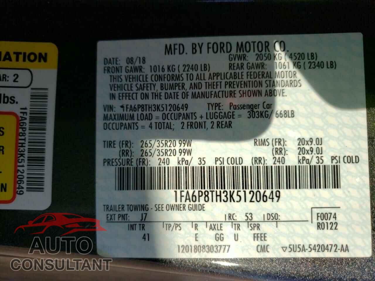 FORD MUSTANG 2019 - 1FA6P8TH3K5120649