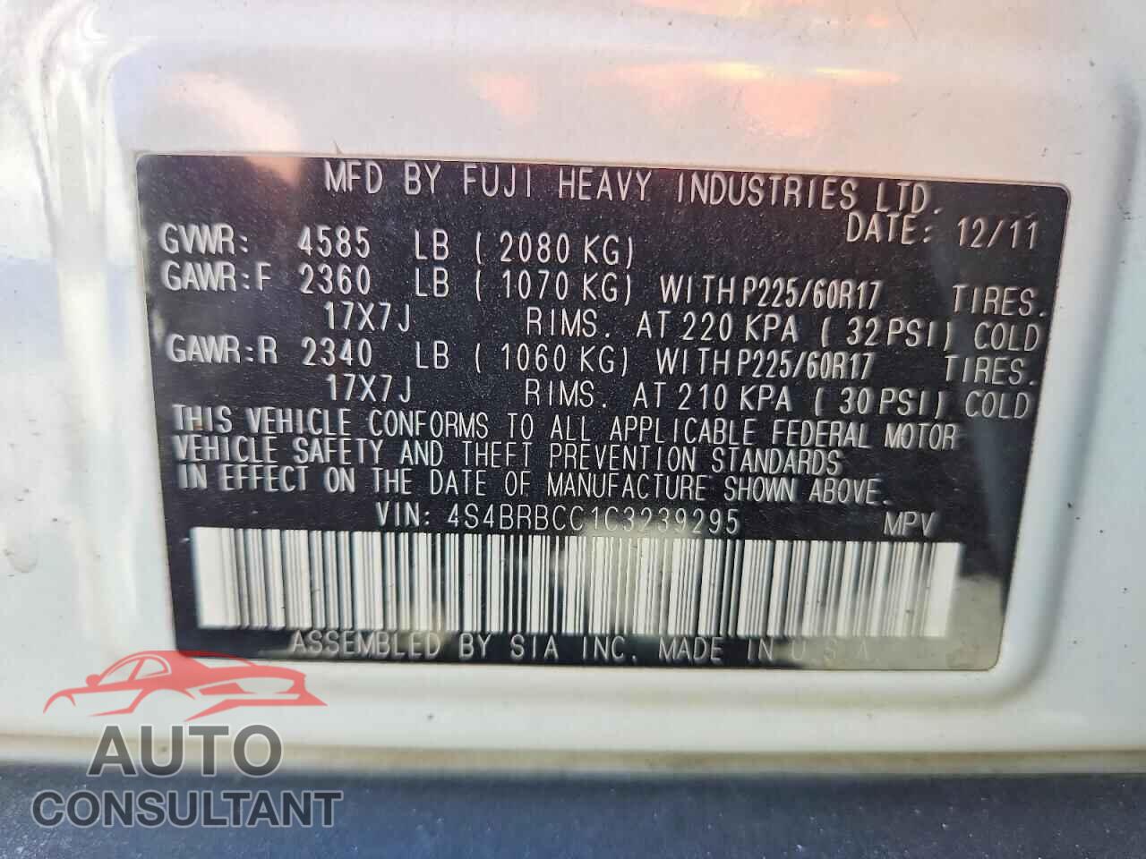 SUBARU OUTBACK 2012 - 4S4BRBCC1C3239295