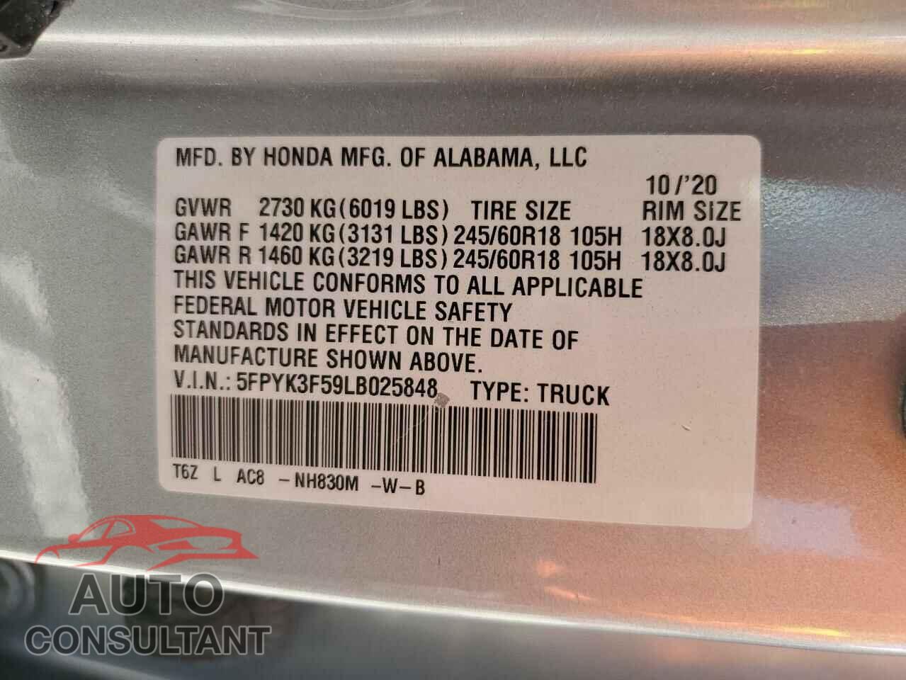 HONDA RIDGELINE 2020 - 5FPYK3F59LB025848