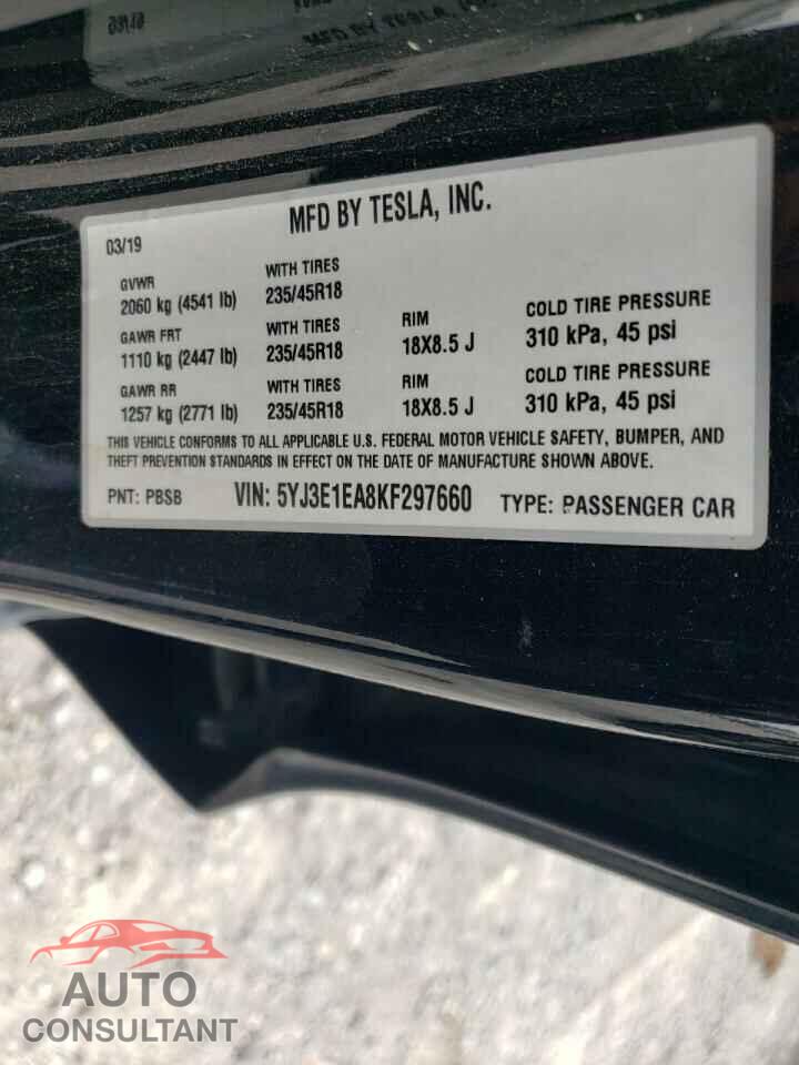 TESLA MODEL 3 2019 - 5YJ3E1EA8KF297660