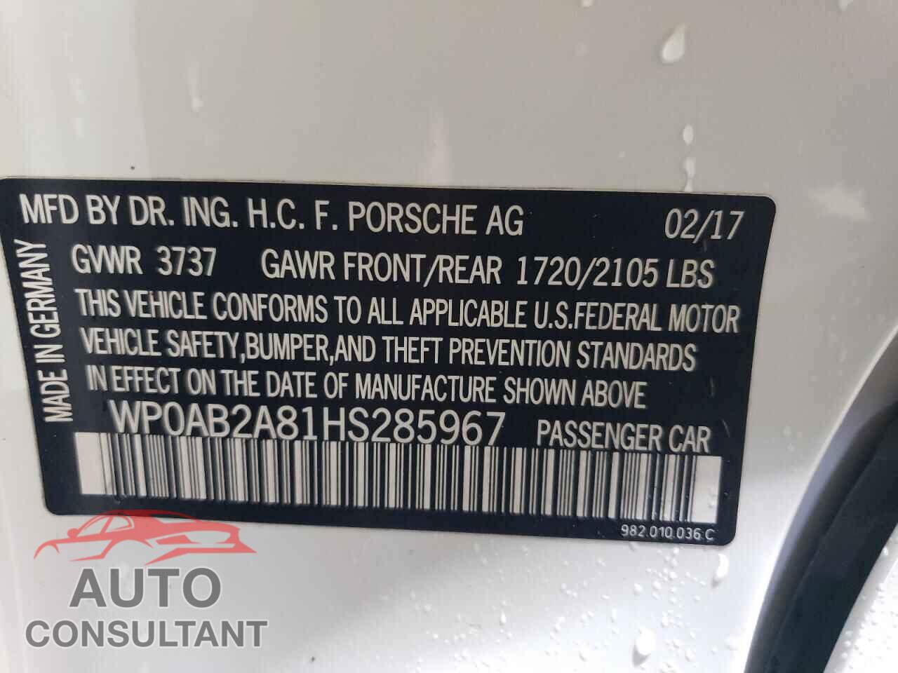 PORSCHE CAYMAN 2017 - WP0AB2A81HS285967