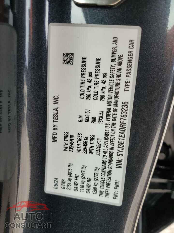 TESLA MODEL 3 2024 - 5YJ3E1EA0RF763236