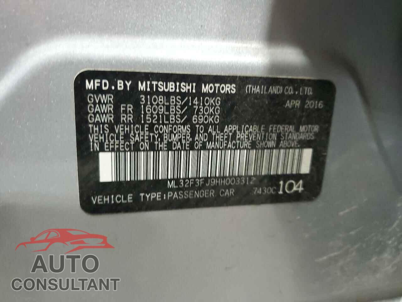 MITSUBISHI MIRAGE 2017 - ML32F3FJ9HH003312