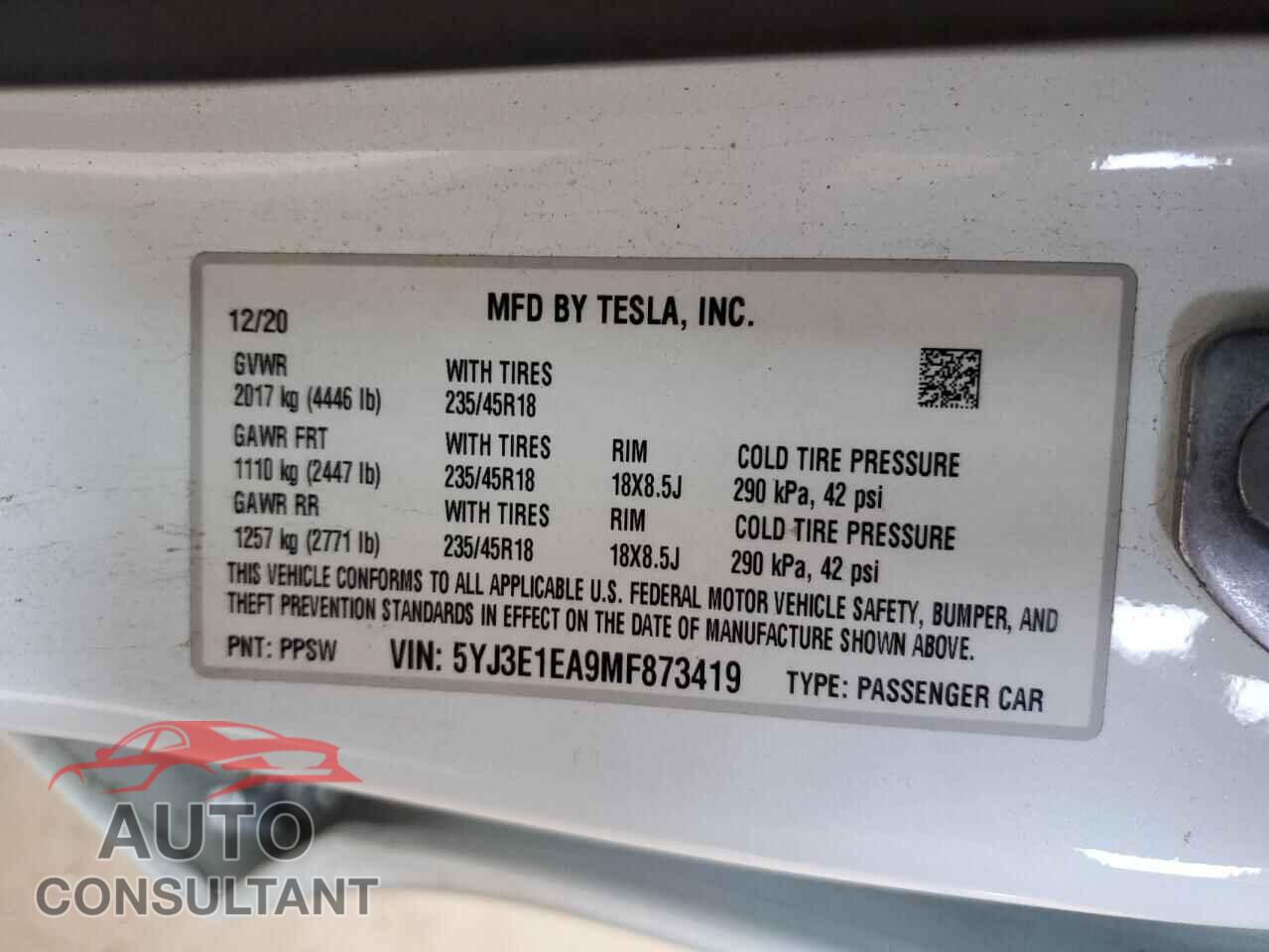 TESLA MODEL 3 2021 - 5YJ3E1EA9MF873419