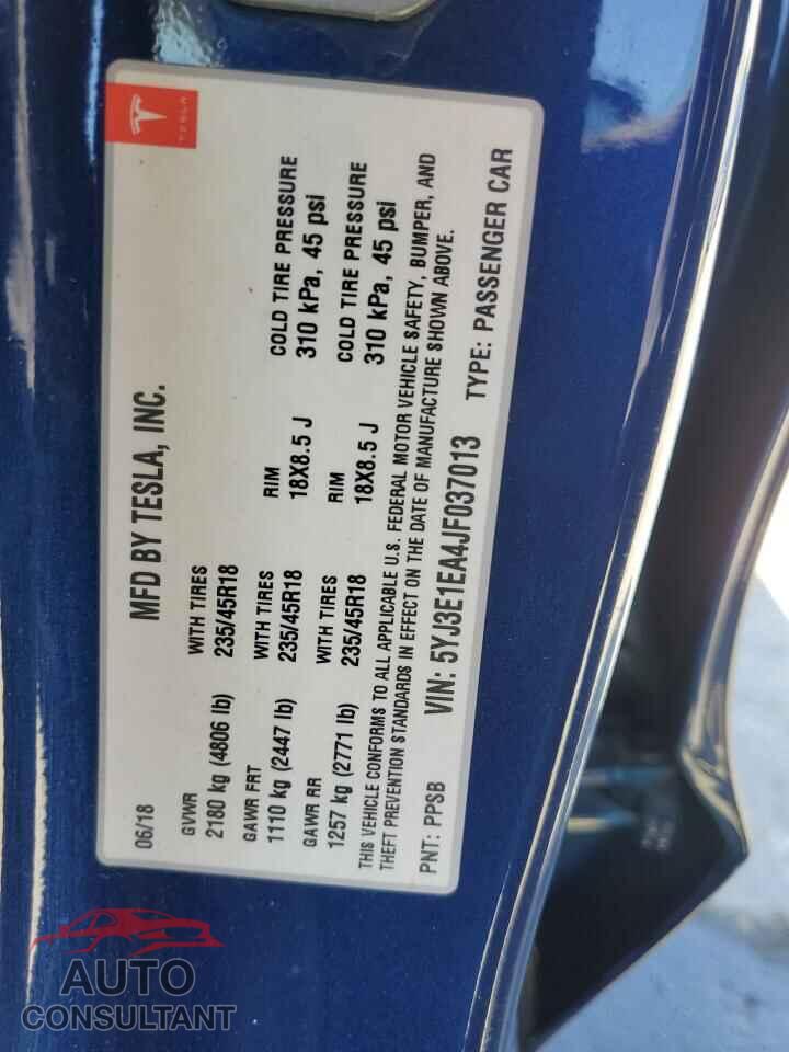 TESLA MODEL 3 2018 - 5YJ3E1EA4JF037013