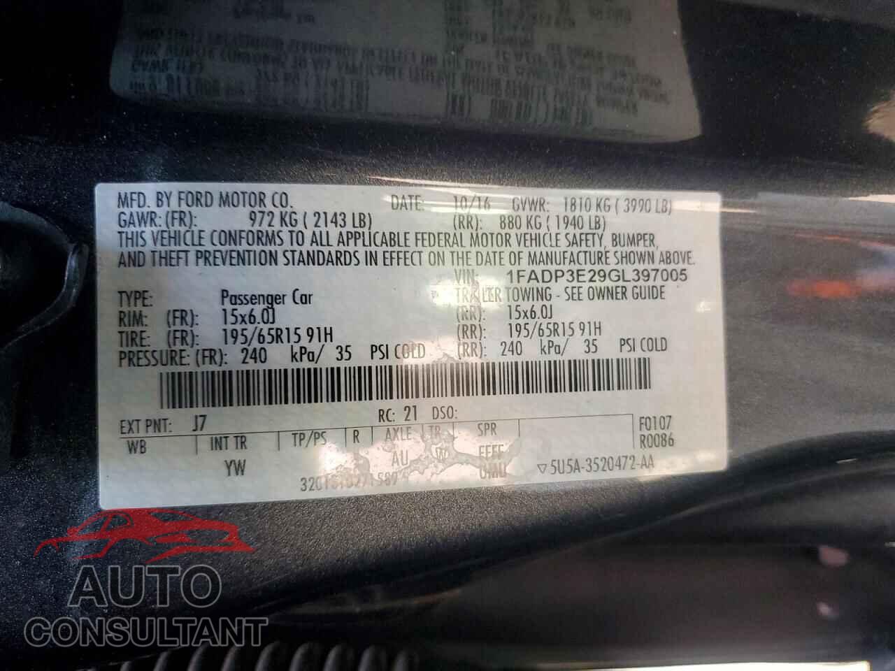 FORD FOCUS 2016 - 1FADP3E29GL397005
