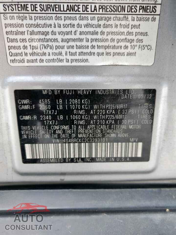 SUBARU OUTBACK 2012 - 4S4BRCKC2C3293101