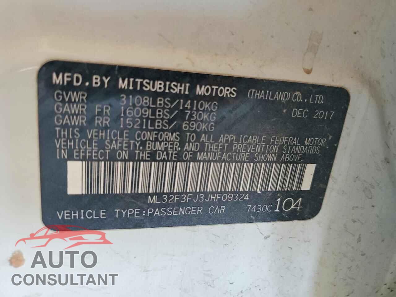 MITSUBISHI MIRAGE 2018 - ML32F3FJ3JHF09324