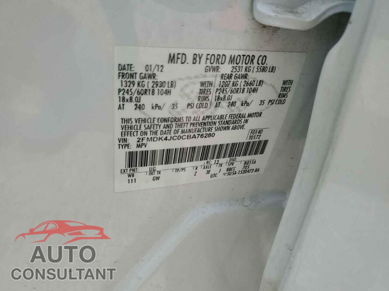 FORD EDGE 2012 - 2FMDK4JC0CBA76280