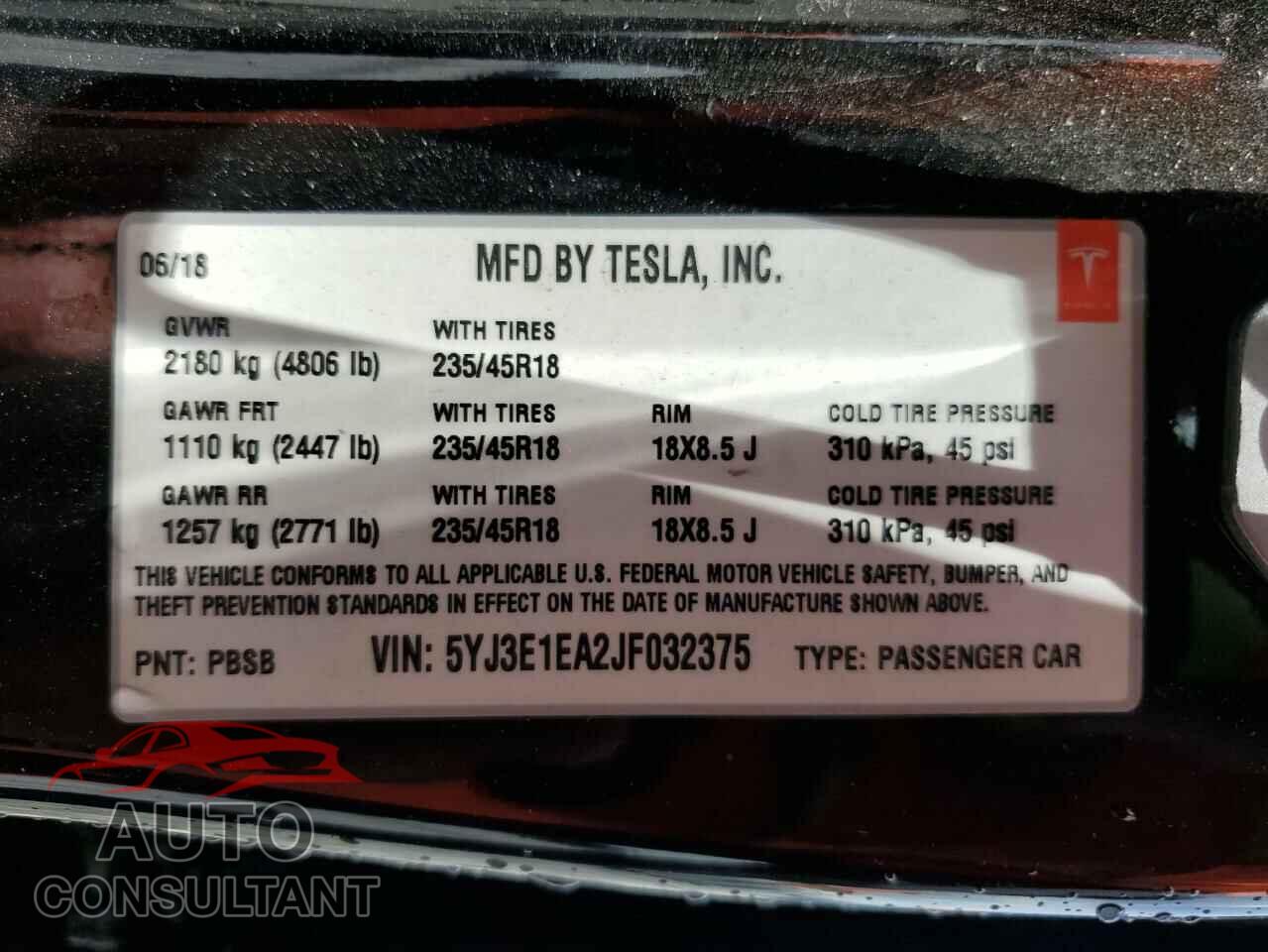 TESLA MODEL 3 2018 - 5YJ3E1EA2JF032375