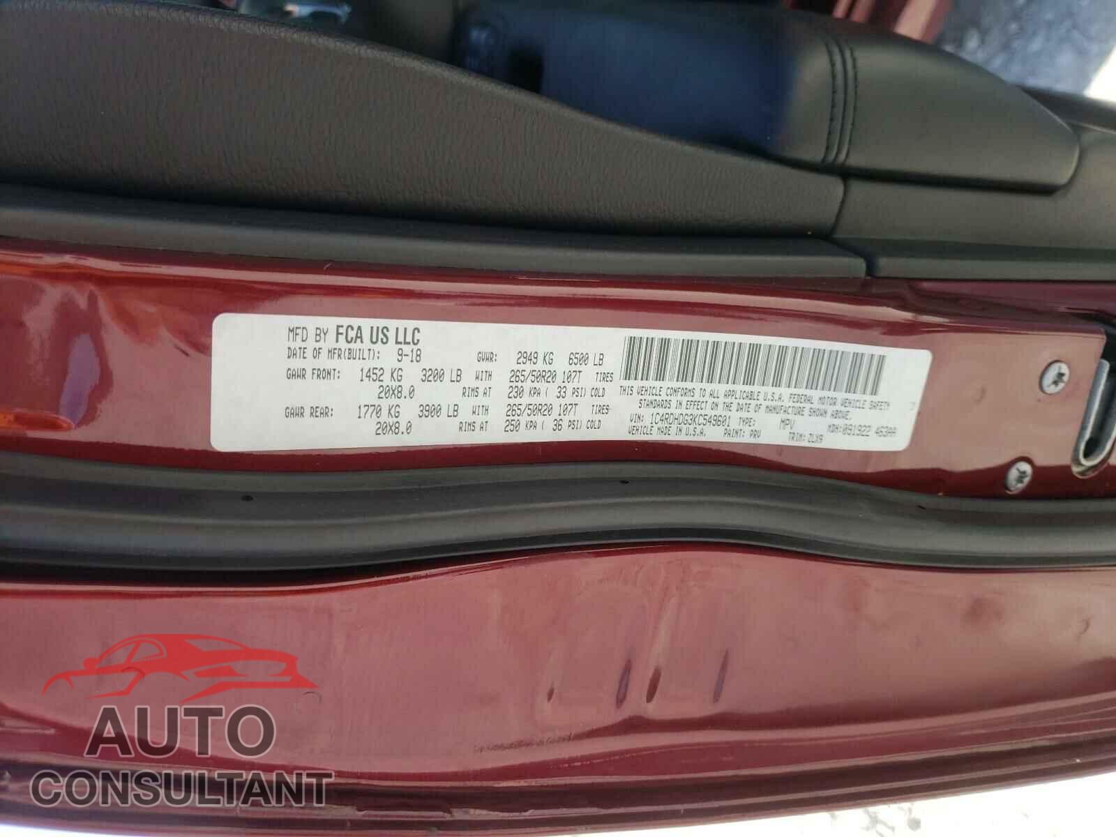 DODGE DURANGO 2019 - 1C4RDHDG3KC549601