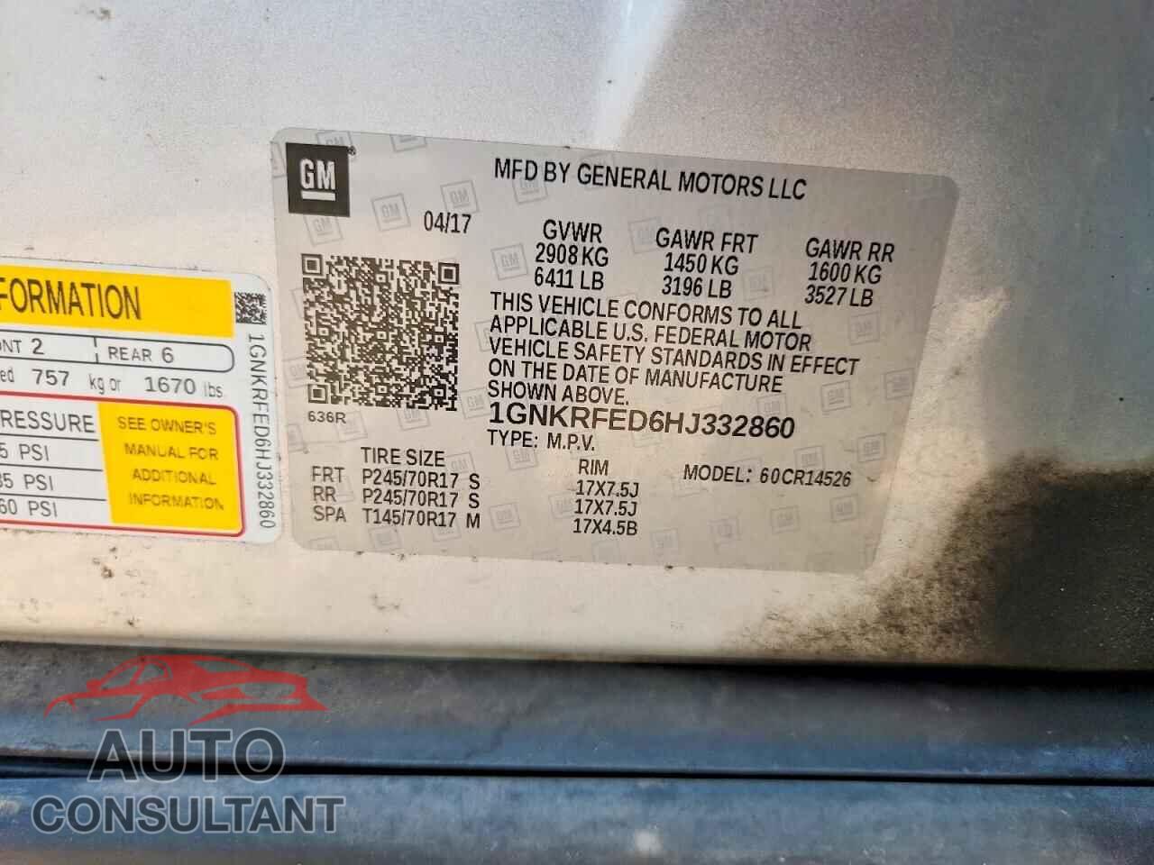 CHEVROLET TRAVERSE 2017 - 1GNKRFED6HJ332860