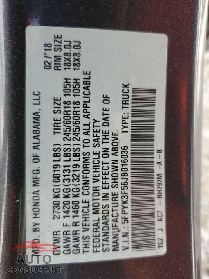 HONDA RIDGELINE 2018 - 5FPYK3F56JB016036