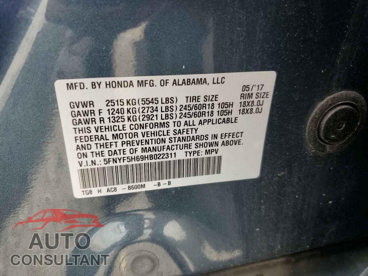 HONDA PILOT 2017 - 5FNYF5H69HB022311