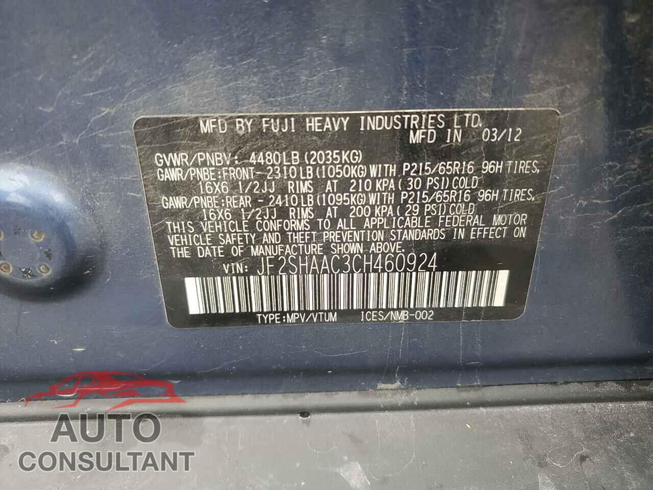 SUBARU FORESTER 2012 - JF2SHAAC3CH460924