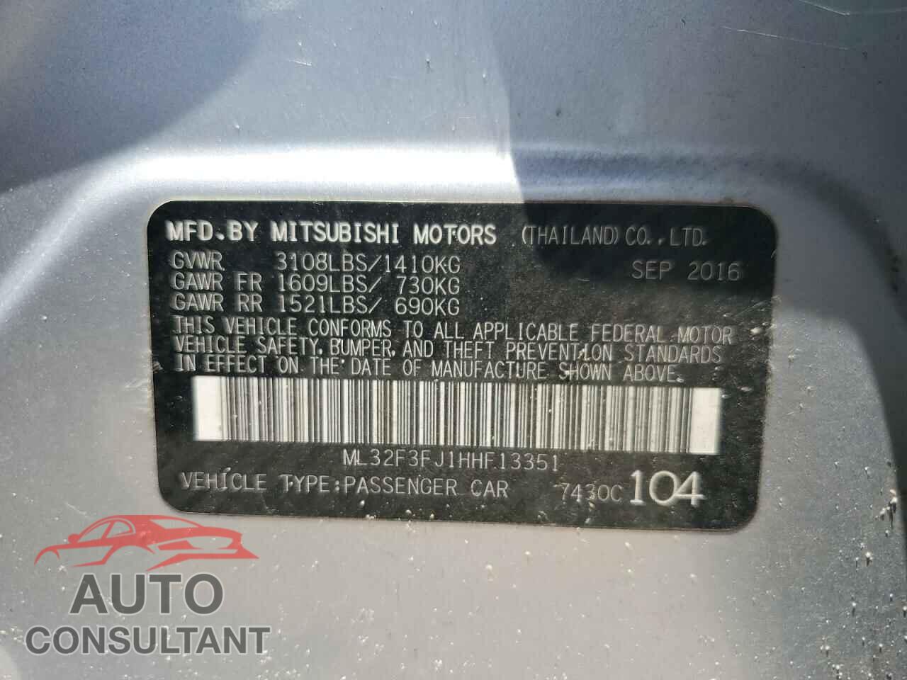 MITSUBISHI MIRAGE 2017 - ML32F3FJ1HHF13351