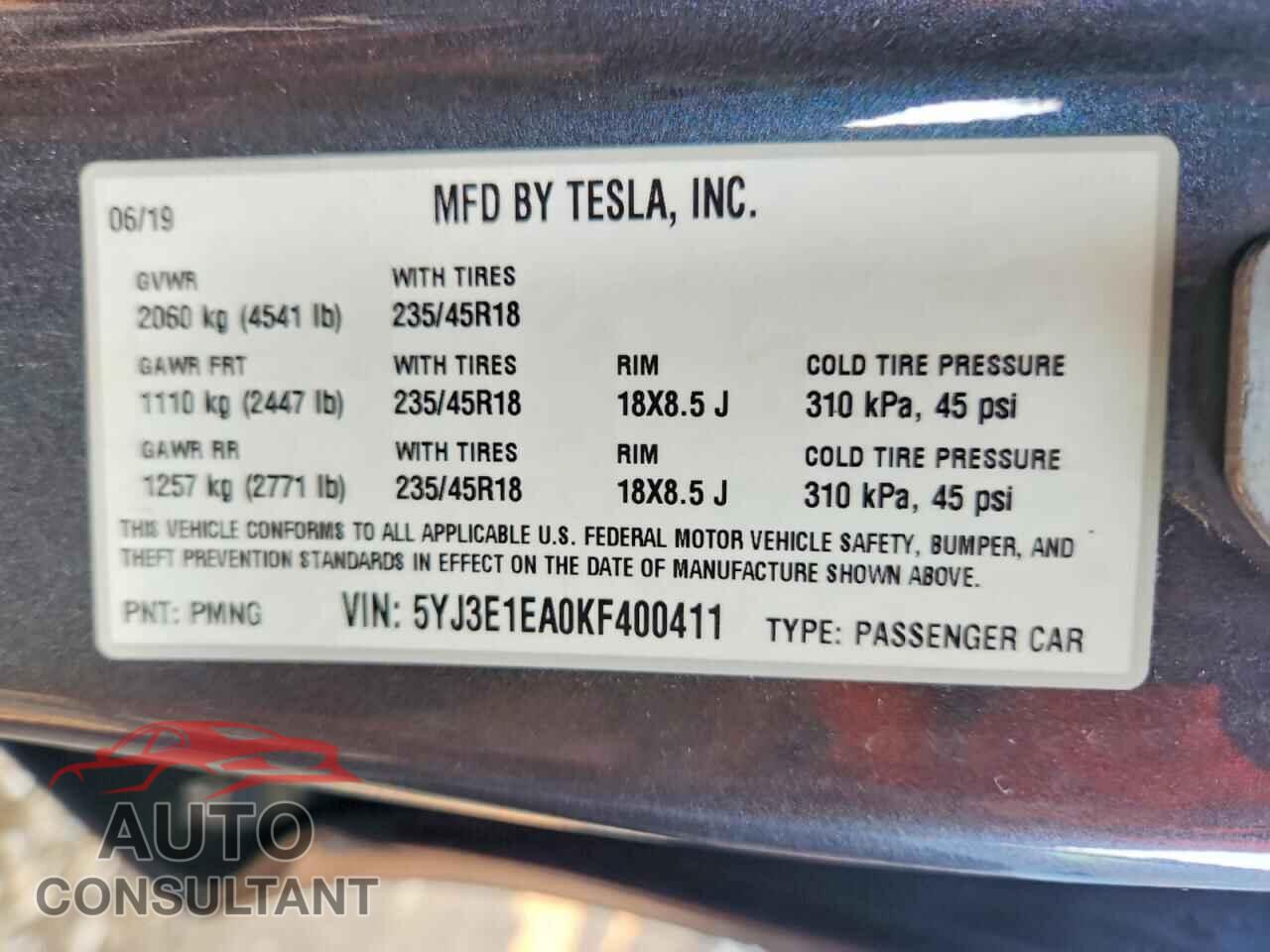 TESLA MODEL 3 2019 - 5YJ3E1EA0KF400411