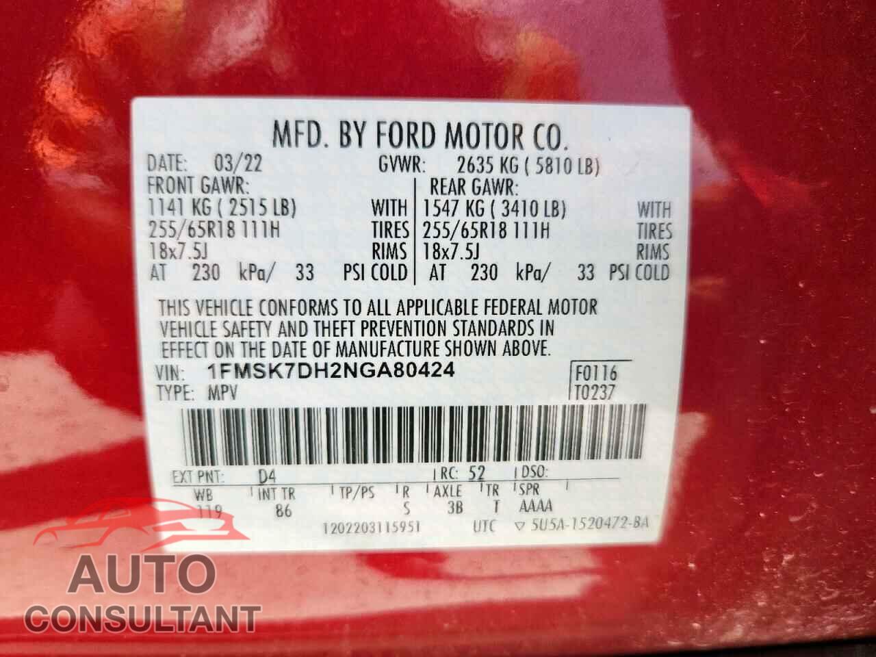 FORD EXPLORER 2022 - 1FMSK7DH2NGA80424