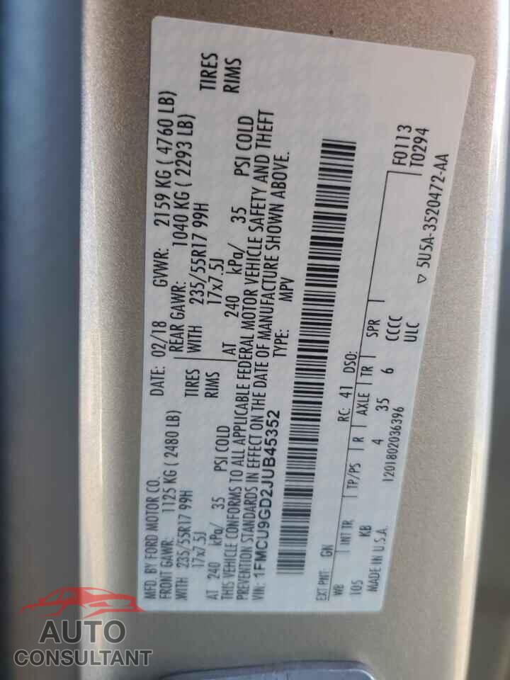 FORD ESCAPE 2018 - 1FMCU9GD2JUB45352