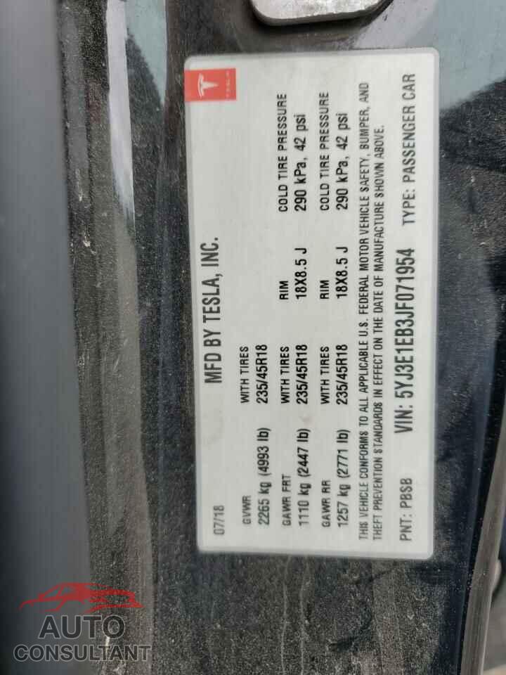 TESLA MODEL 3 2018 - 5YJ3E1EB3JF071954