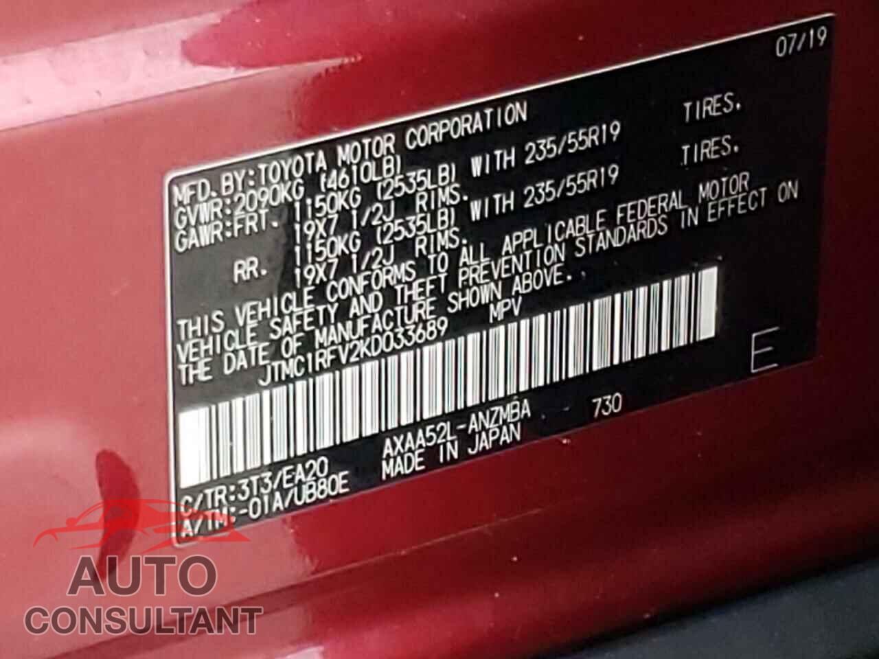 TOYOTA RAV4 2019 - JTMC1RFV2KD033689