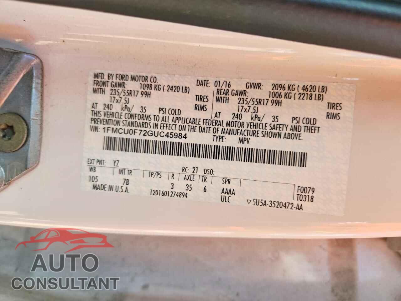 FORD ESCAPE 2016 - 1FMCU0F72GUC45984