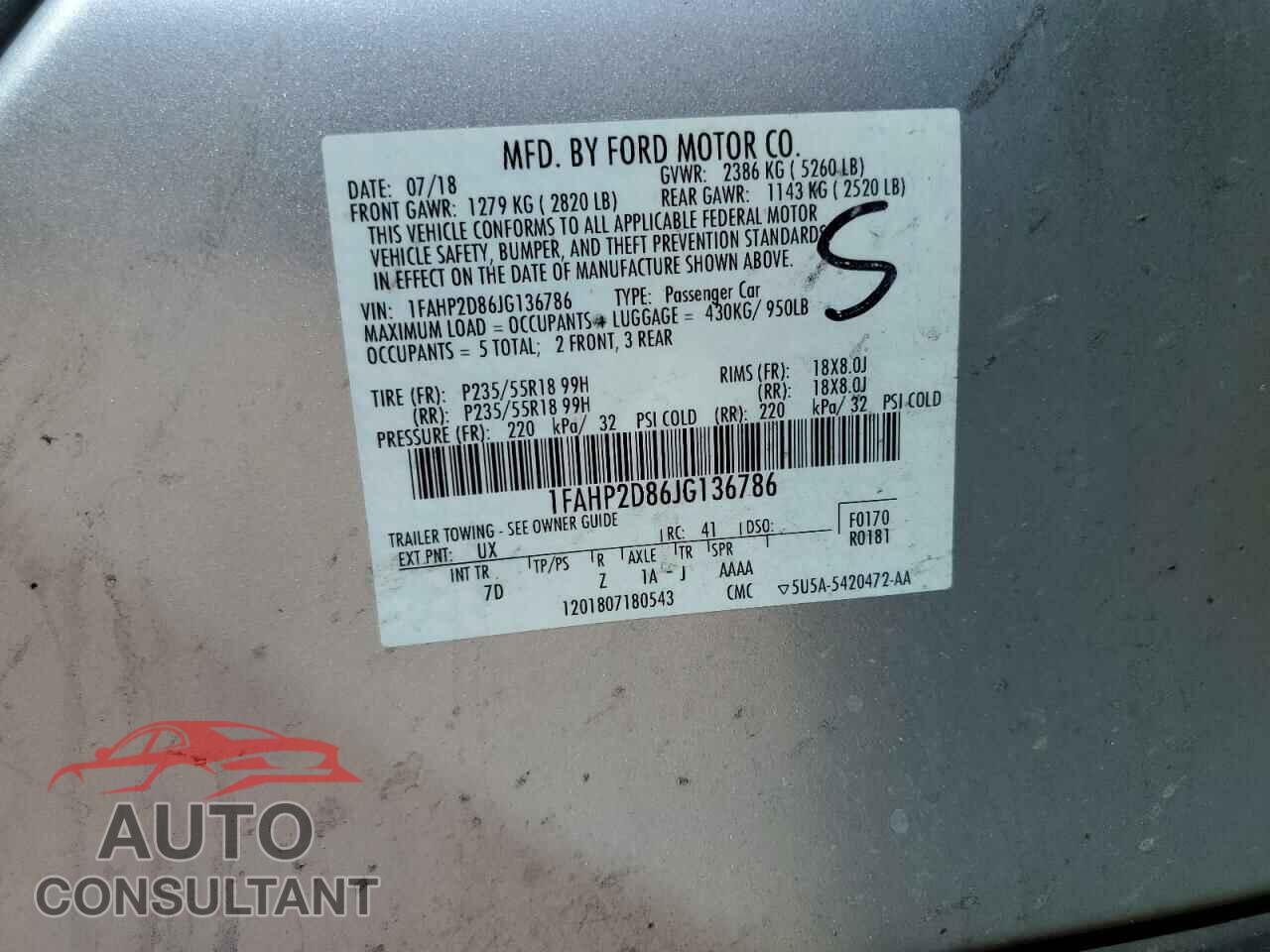 FORD TAURUS 2018 - 1FAHP2D86JG136786