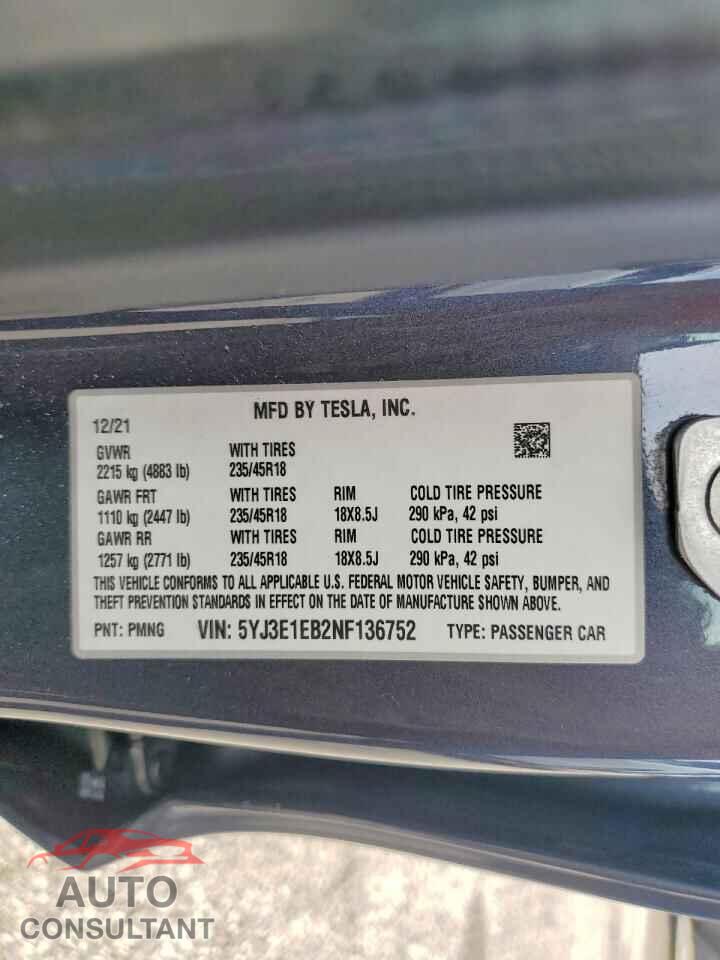 TESLA MODEL 3 2022 - 5YJ3E1EB2NF136752