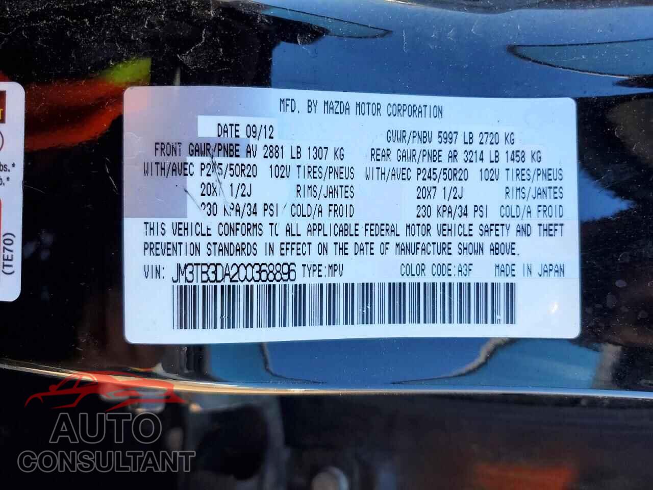 MAZDA CX-9 2012 - JM3TB3DA2C0368896