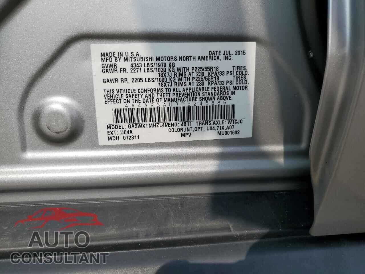 MITSUBISHI OUTLANDER 2015 - 4A4AR3AU3FE045886