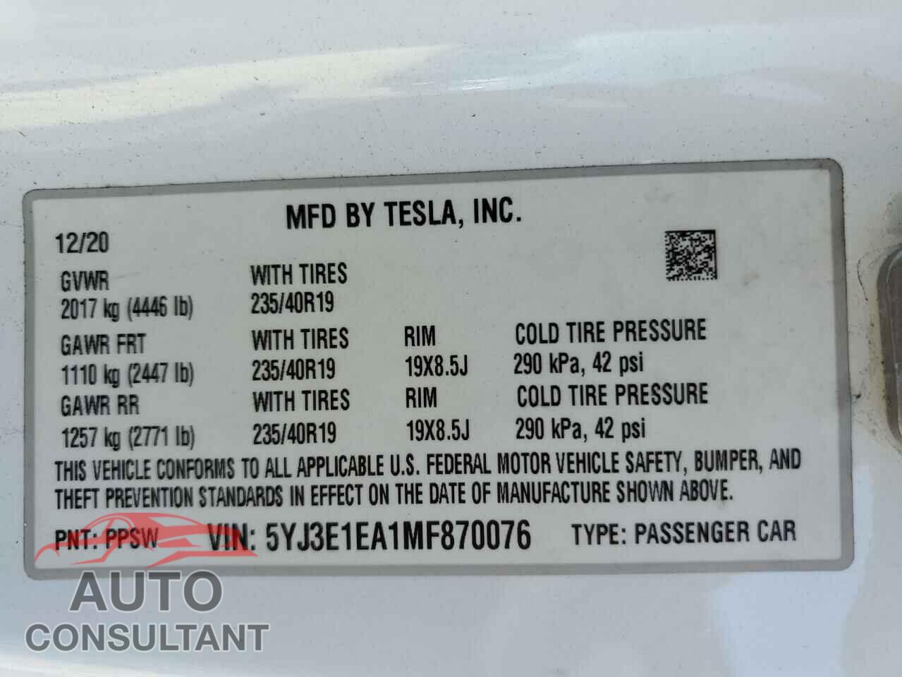 TESLA MODEL 3 2021 - 5YJ3E1EA1MF870076