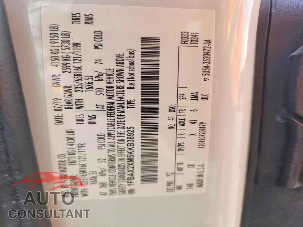 FORD TRANSIT 2019 - 1FBAX2XM5KKB38925