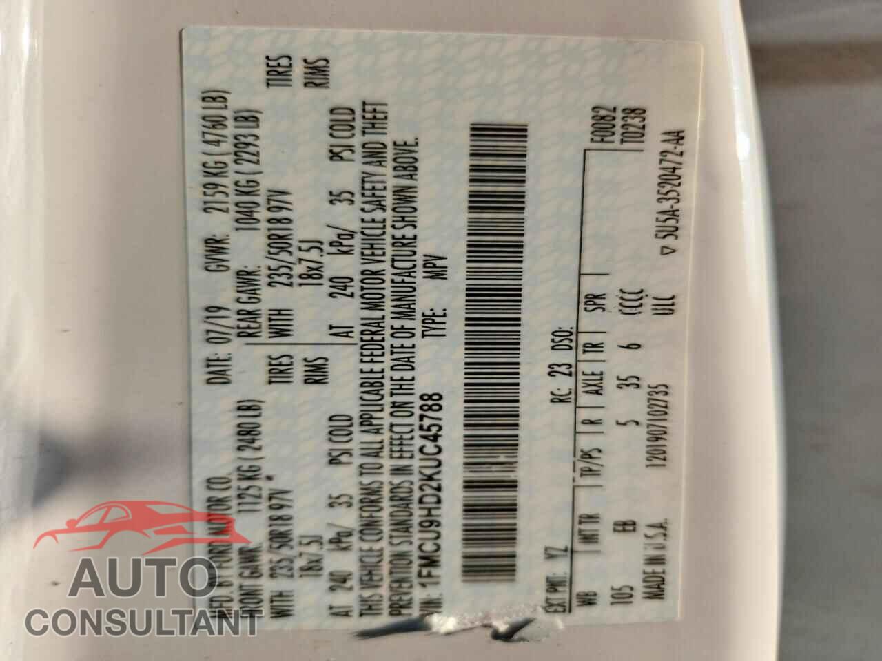 FORD ESCAPE 2019 - 1FMCU9HD2KUC45788
