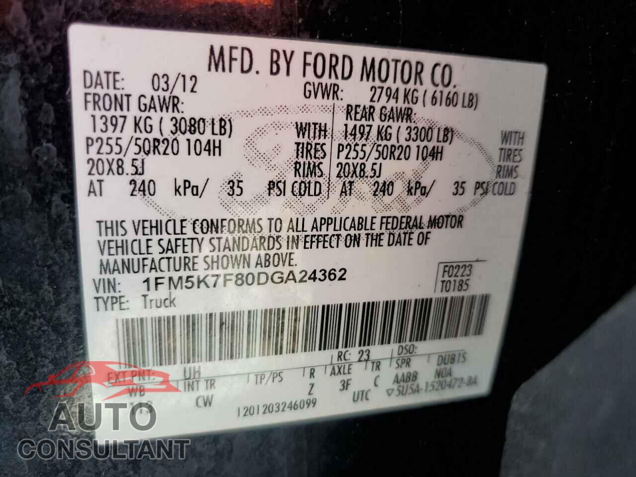 FORD EXPLORER 2013 - 1FM5K7F80DGA24362