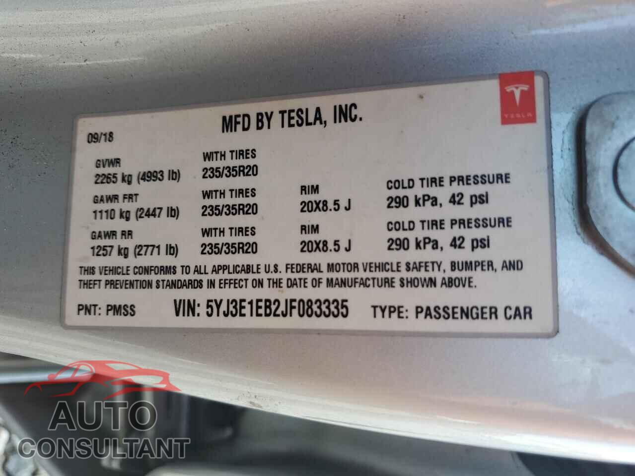 TESLA MODEL 3 2018 - 5YJ3E1EB2JF083335