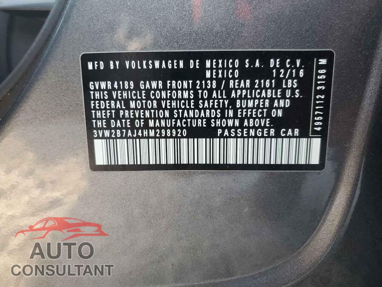 VOLKSWAGEN JETTA 2017 - 3VW2B7AJ4HM298920