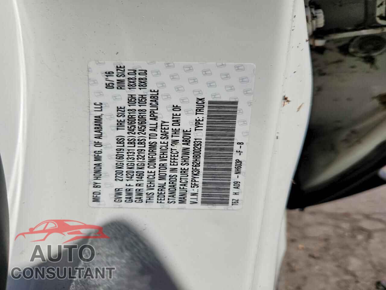 HONDA RIDGELINE 2017 - 5FPYK3F62HB002931