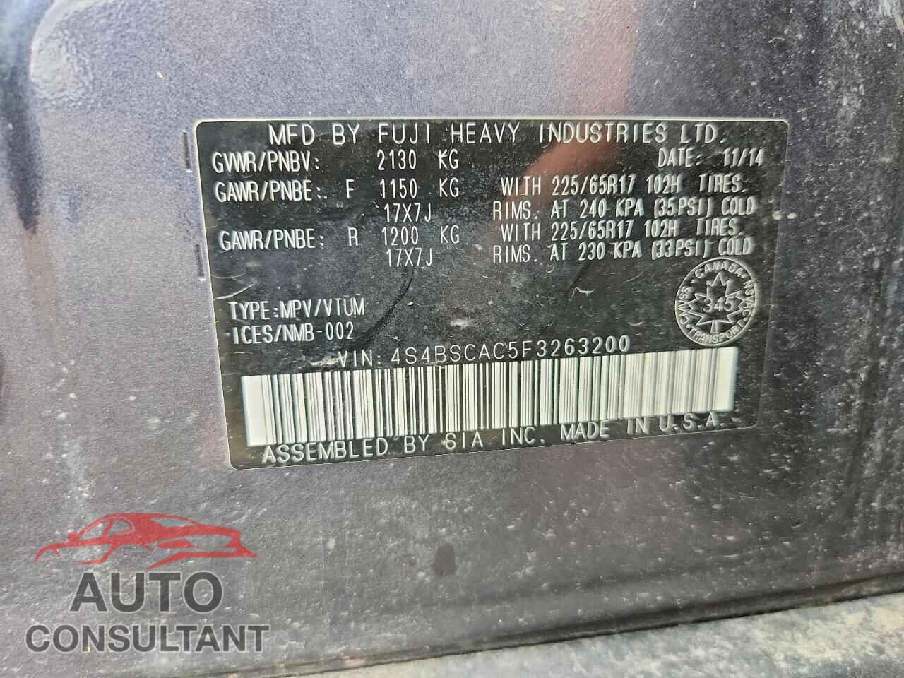 SUBARU OUTBACK 2015 - 4S4BSCAC5F3263200