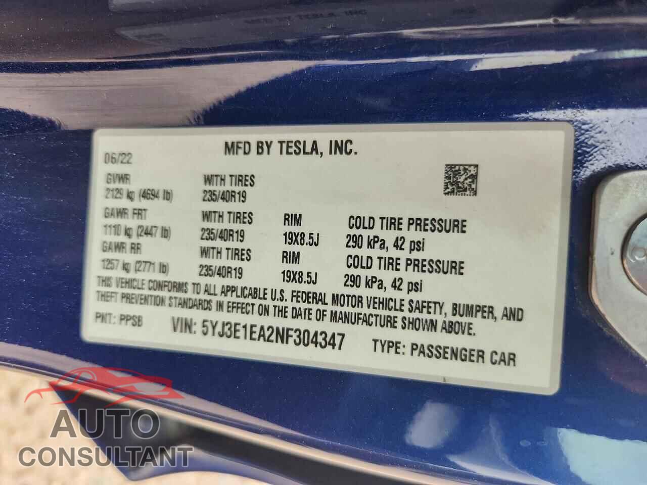 TESLA MODEL 3 2022 - 5YJ3E1EA2NF304347